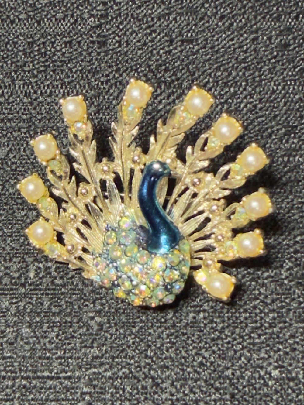 Gold-Tone Blue Peacock Brooch with Pearl Accents